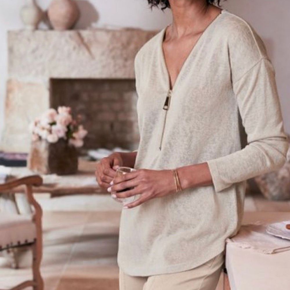 Soft Surroundings Valentina‎ Zip Sweater Stone Tan Gold Women Medium